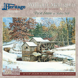 Jigsaw puzzle box for First Snow, featuring the first snowfall at historic Mabry Mill