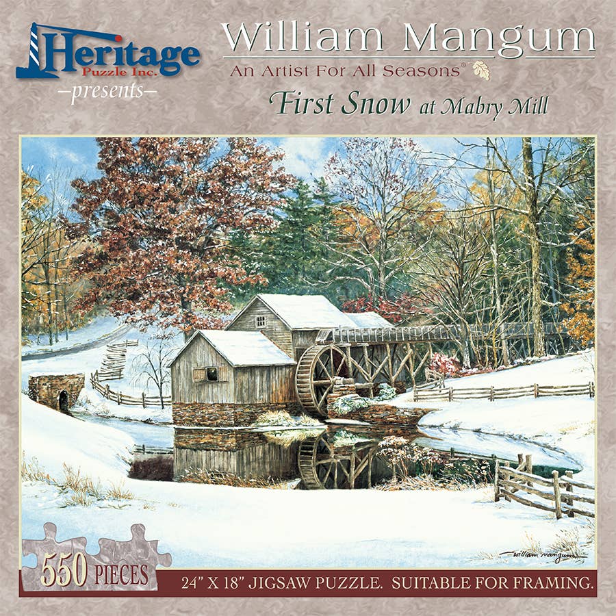 Jigsaw puzzle box for First Snow, featuring the first snowfall at historic Mabry Mill