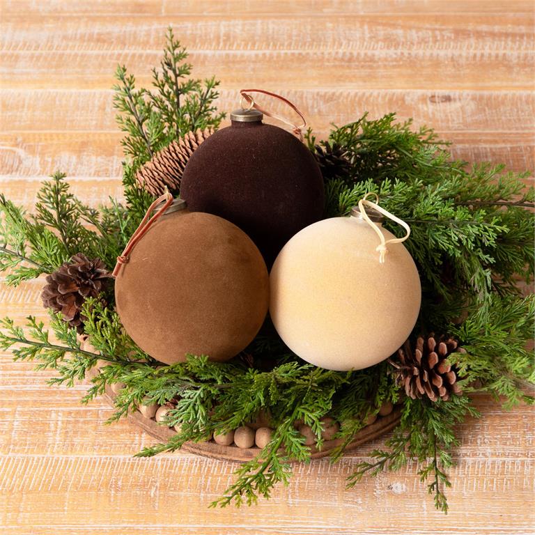 Flocked Ornament Balls, Caramel, Beige Brown, Lg - Pages & Parcels