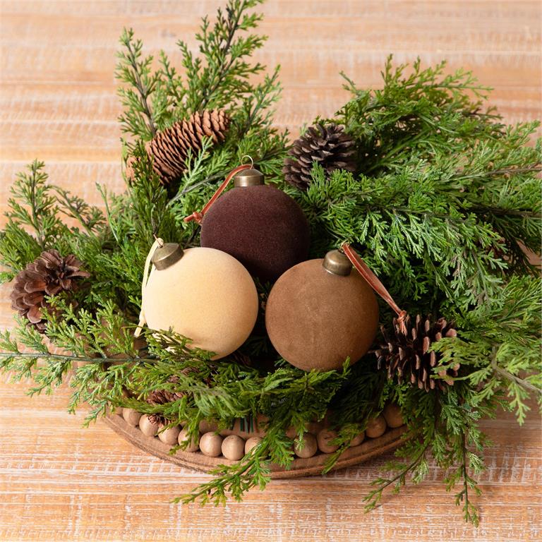 Flocked Ornament Balls, Caramel, Beige Brown, Sm - Pages & Parcels