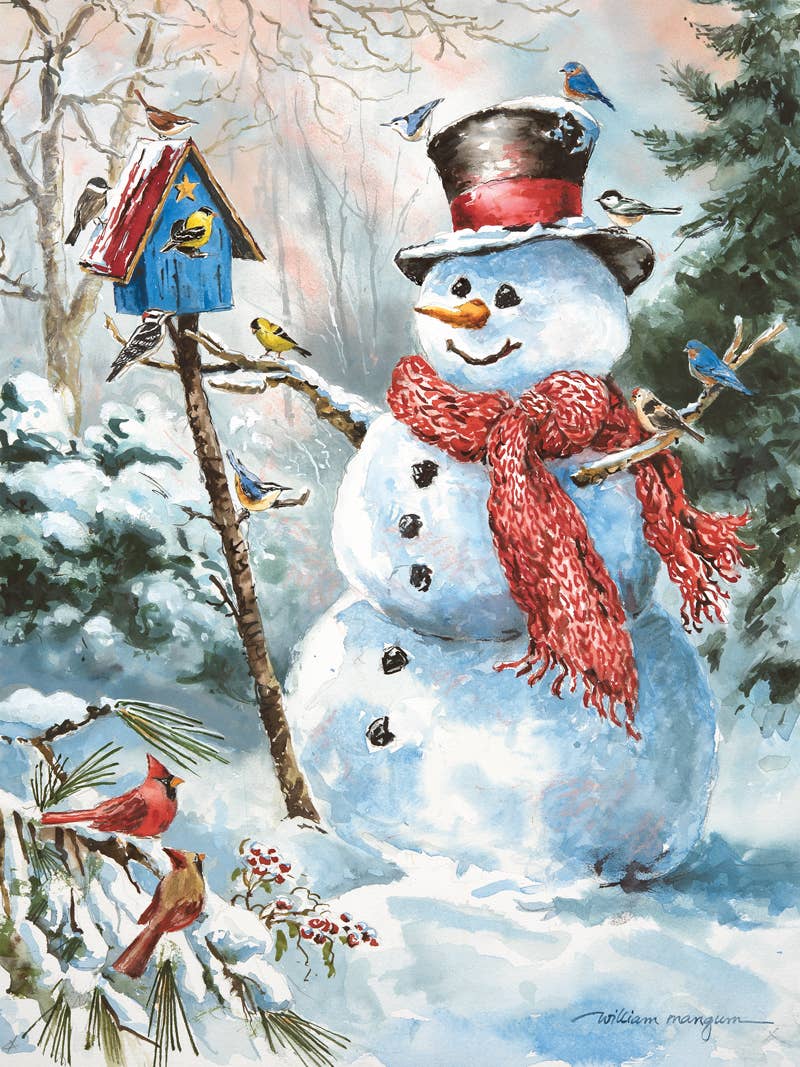 Jigsaw puzzle box for Frosty's Feathered Friends, featuring Frosty the Snowman with birds on a snowy morning