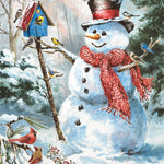 Jigsaw puzzle box for Frosty's Feathered Friends, featuring Frosty the Snowman with birds on a snowy morning