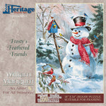 Jigsaw puzzle box for Frosty's Feathered Friends, featuring Frosty the Snowman with birds on a snowy morning