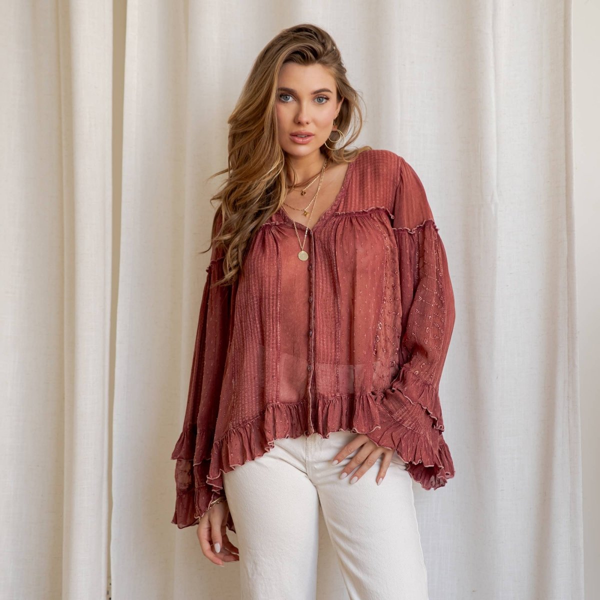 Garnet Ruffled Sheer Button Top - Pages & Parcels