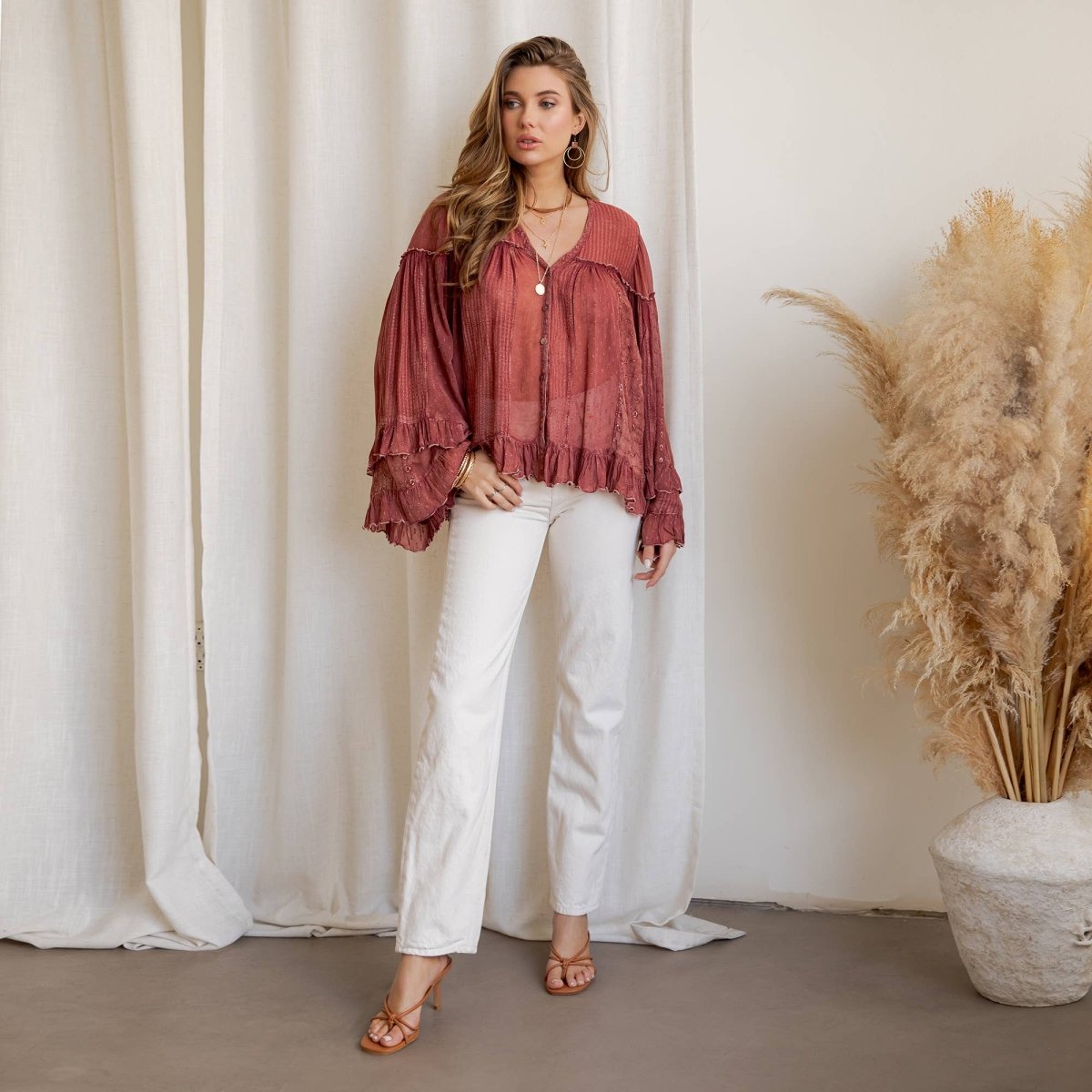 Garnet Ruffled Sheer Button Top - Pages & Parcels