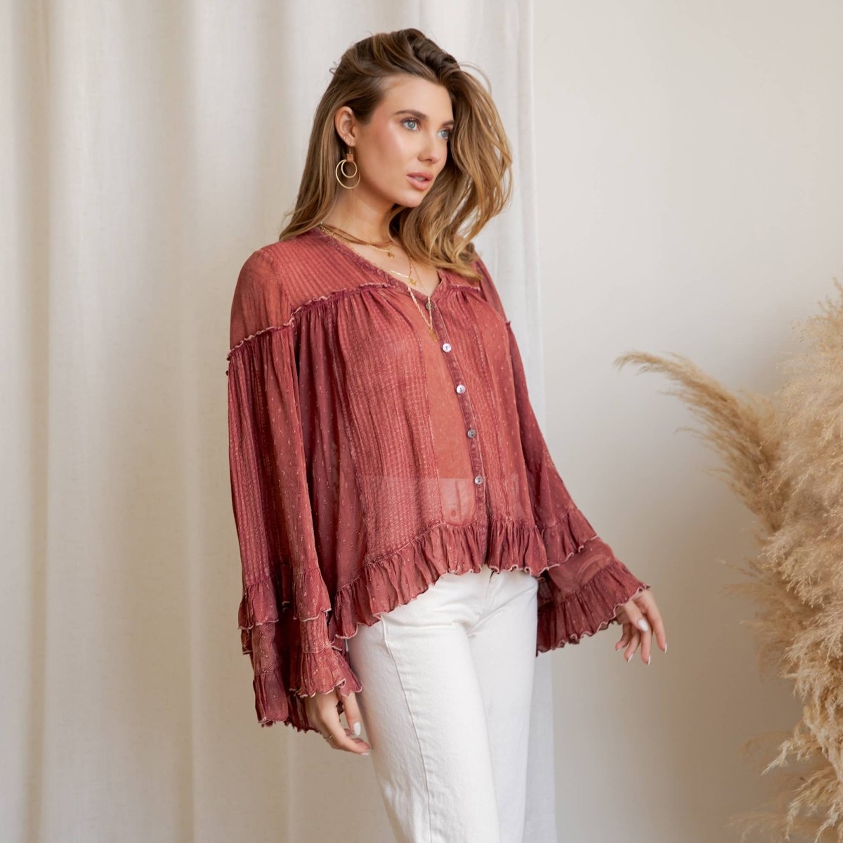 Garnet Ruffled Sheer Button Top - Pages & Parcels