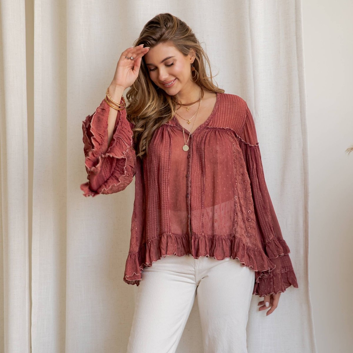 Garnet Ruffled Sheer Button Top - Pages & Parcels
