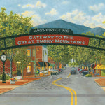 Jigsaw puzzle box for Gateway Arch, featuring downtown Waynesville at the gateway to the Smoky Mountains
