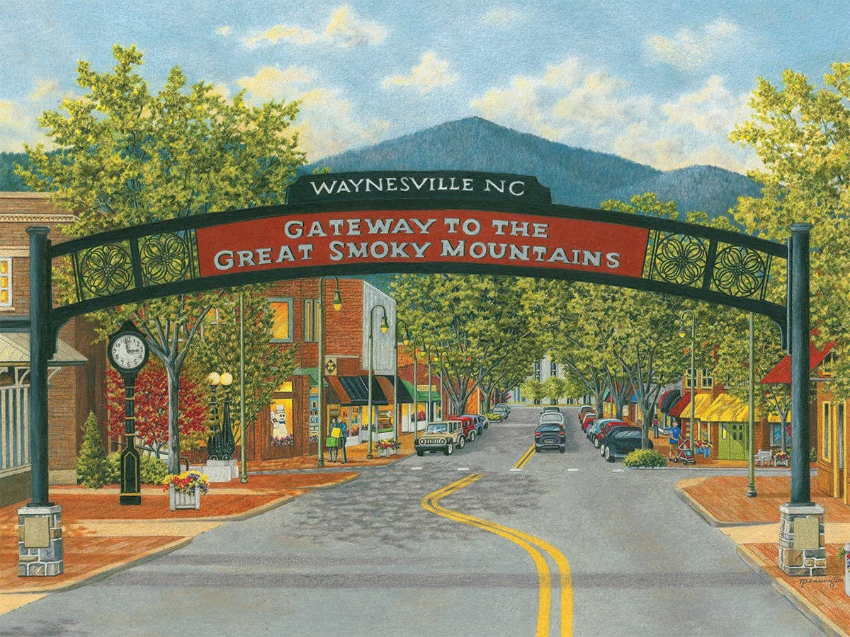 Jigsaw puzzle box for Gateway Arch, featuring downtown Waynesville at the gateway to the Smoky Mountains