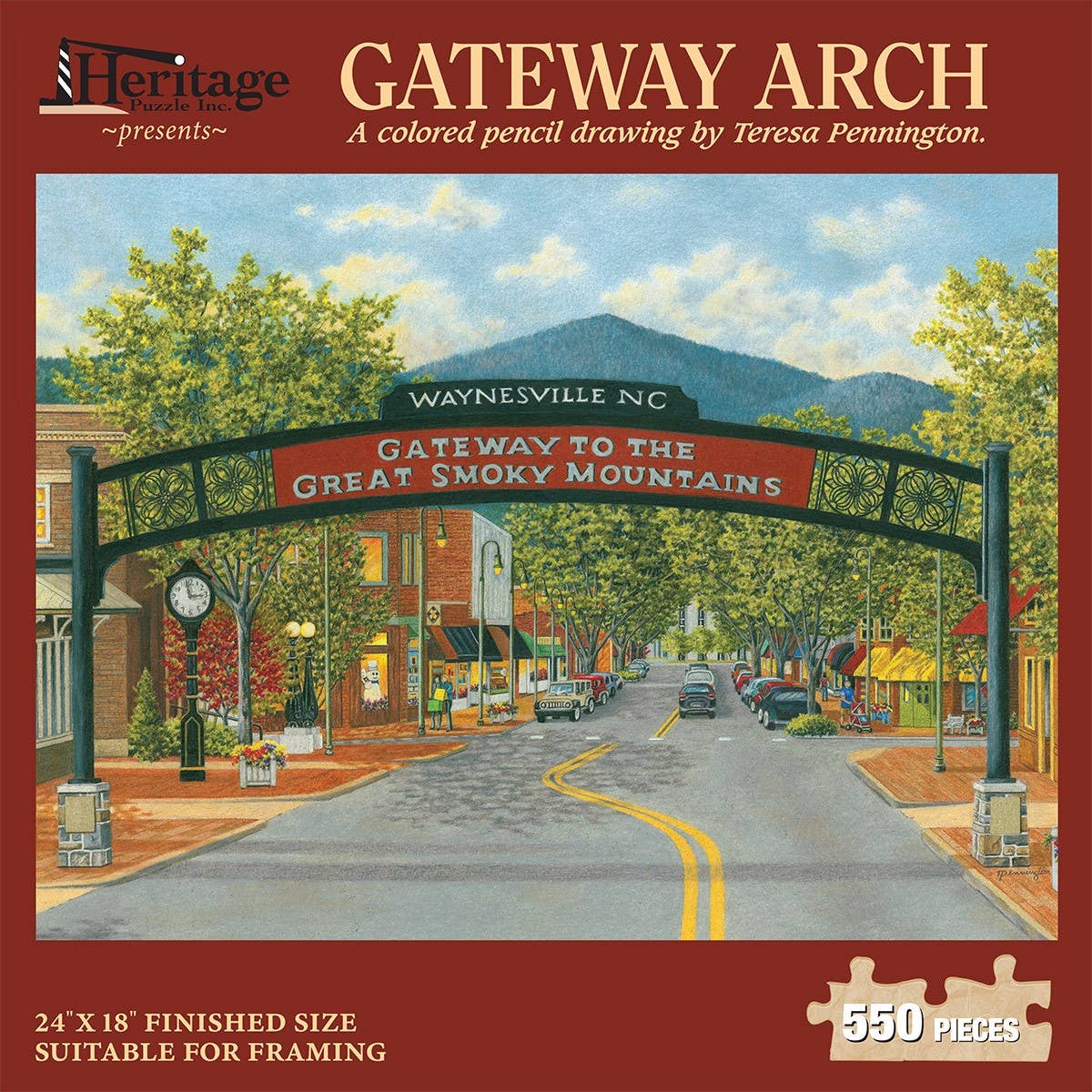 Jigsaw puzzle box for Gateway Arch, featuring downtown Waynesville at the gateway to the Smoky Mountains