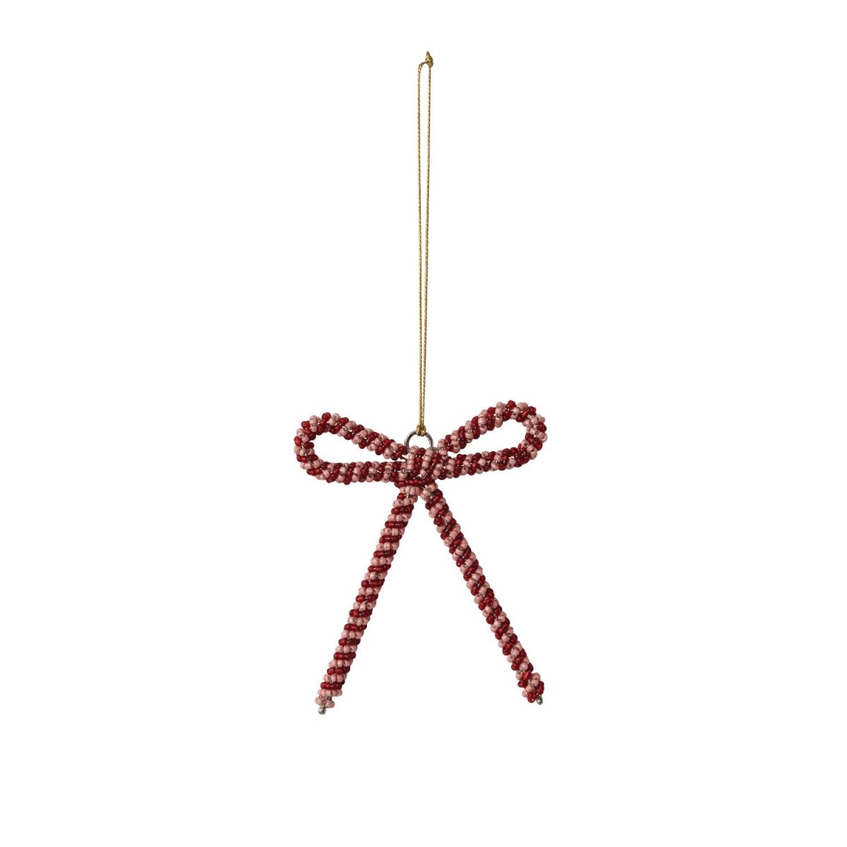 A metal bow-shaped ornament decorated with glass beads