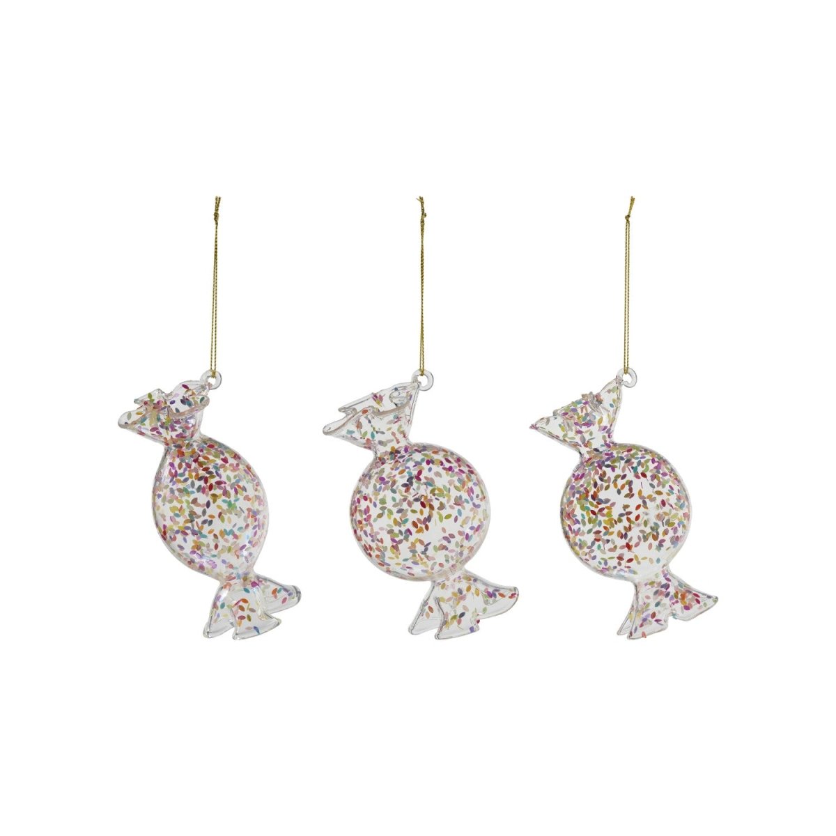 A glass candy-shaped ornament filled with confetti, one of three styles
