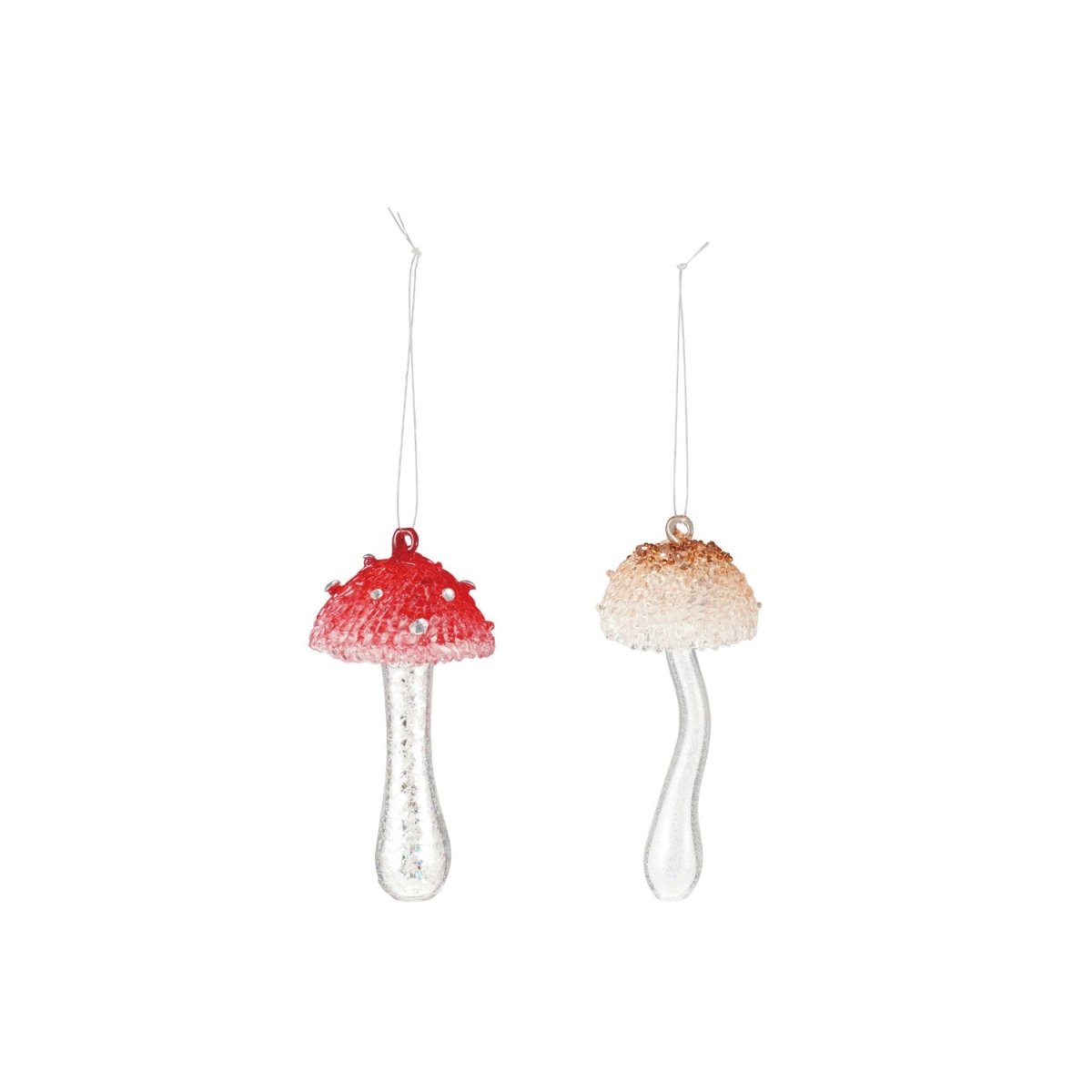 A glass mushroom-shaped ornament, one of two colors