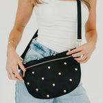 Gold-studded vegan leather bum bag with an adjustable strap