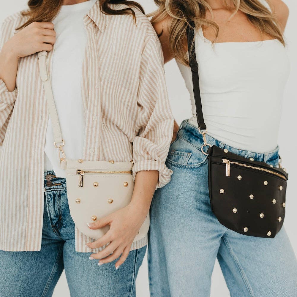 Gold-studded vegan leather bum bag with an adjustable strap