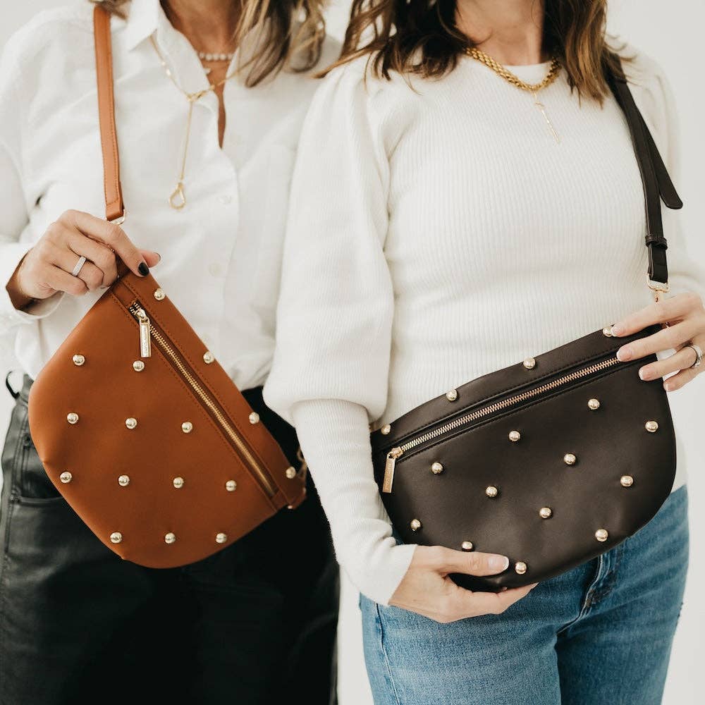 Gold-studded vegan leather bum bag with an adjustable strap