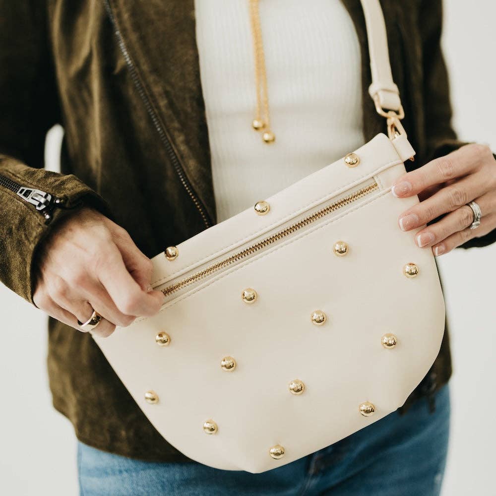 Gold-studded vegan leather bum bag with an adjustable strap