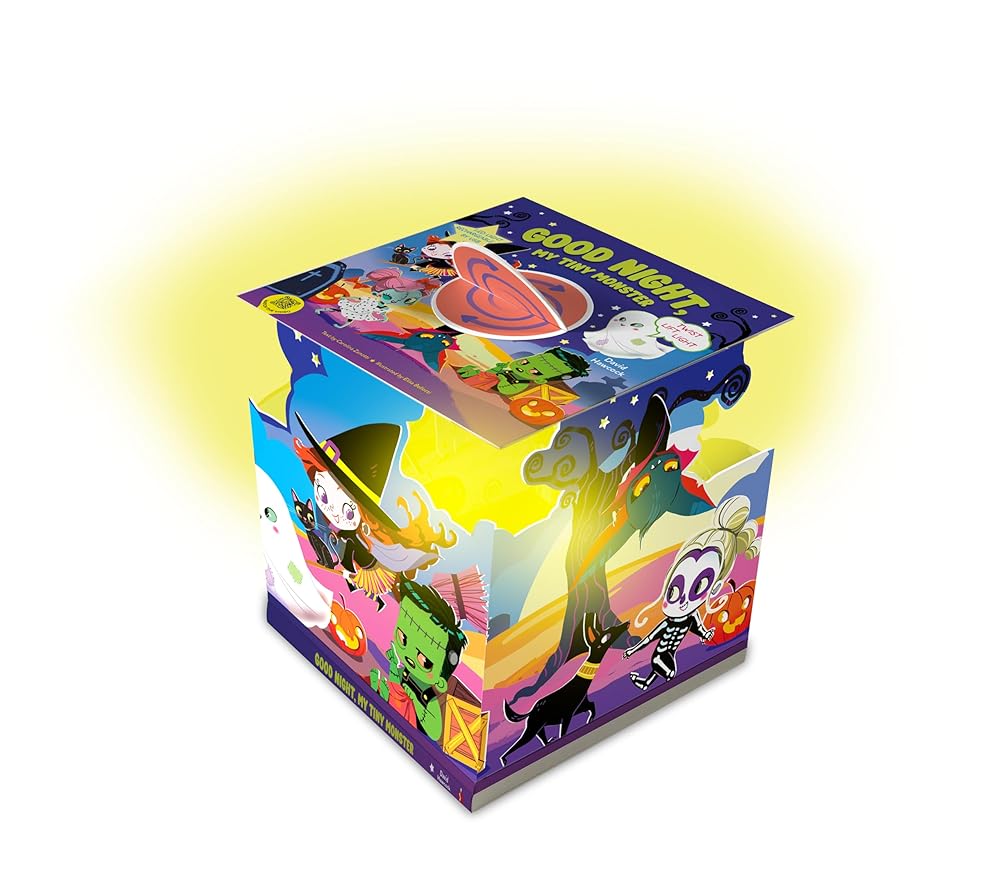 Good Night, My Tiny Monster (Happy Fox Books) Pop-Up Bedtime Story Book Twists Up into a Paper Night Light with a Rechargeable USB-C LED Lamp - Rhyming Monsters Book for Kids and Toddlers cover image