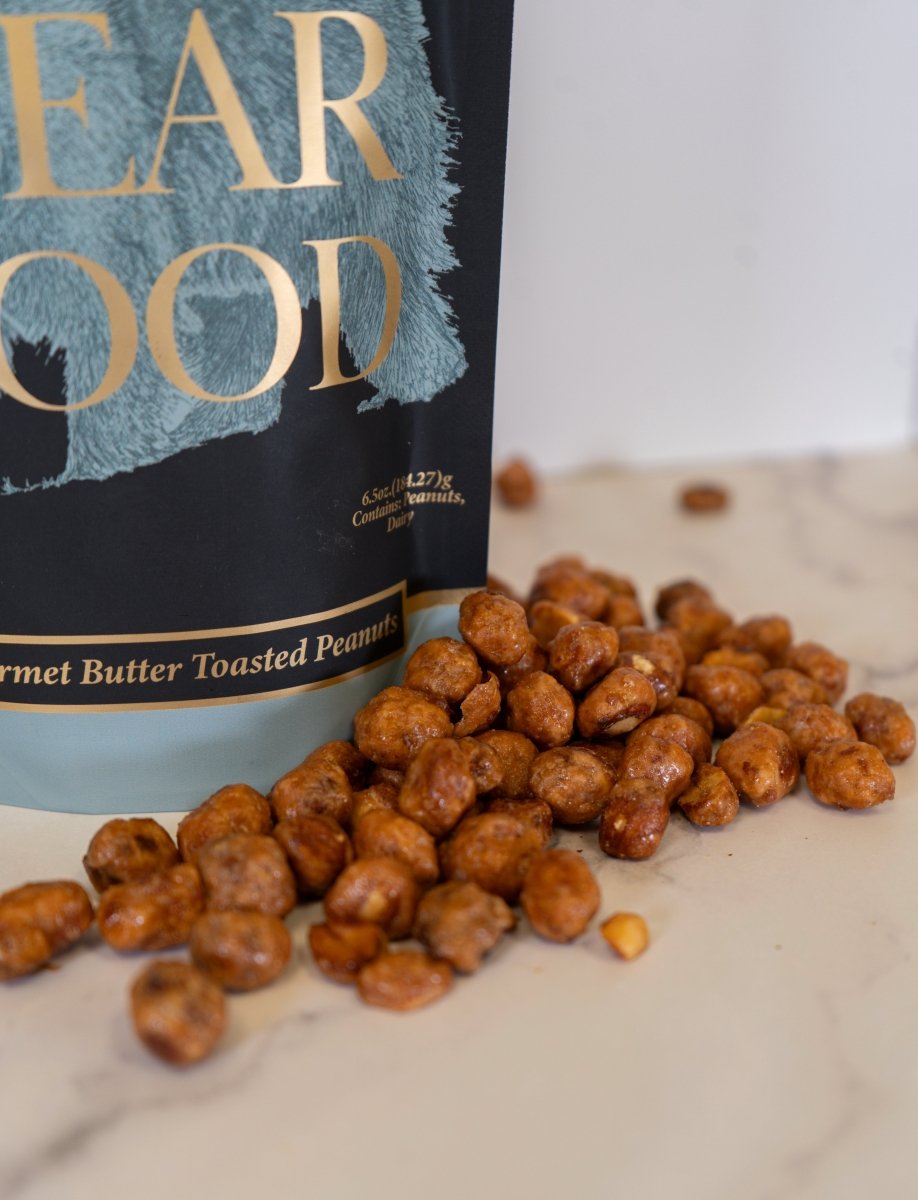 Close-up of Bear Food Butter Toasted Peanuts showing their golden, toffee-glazed coating