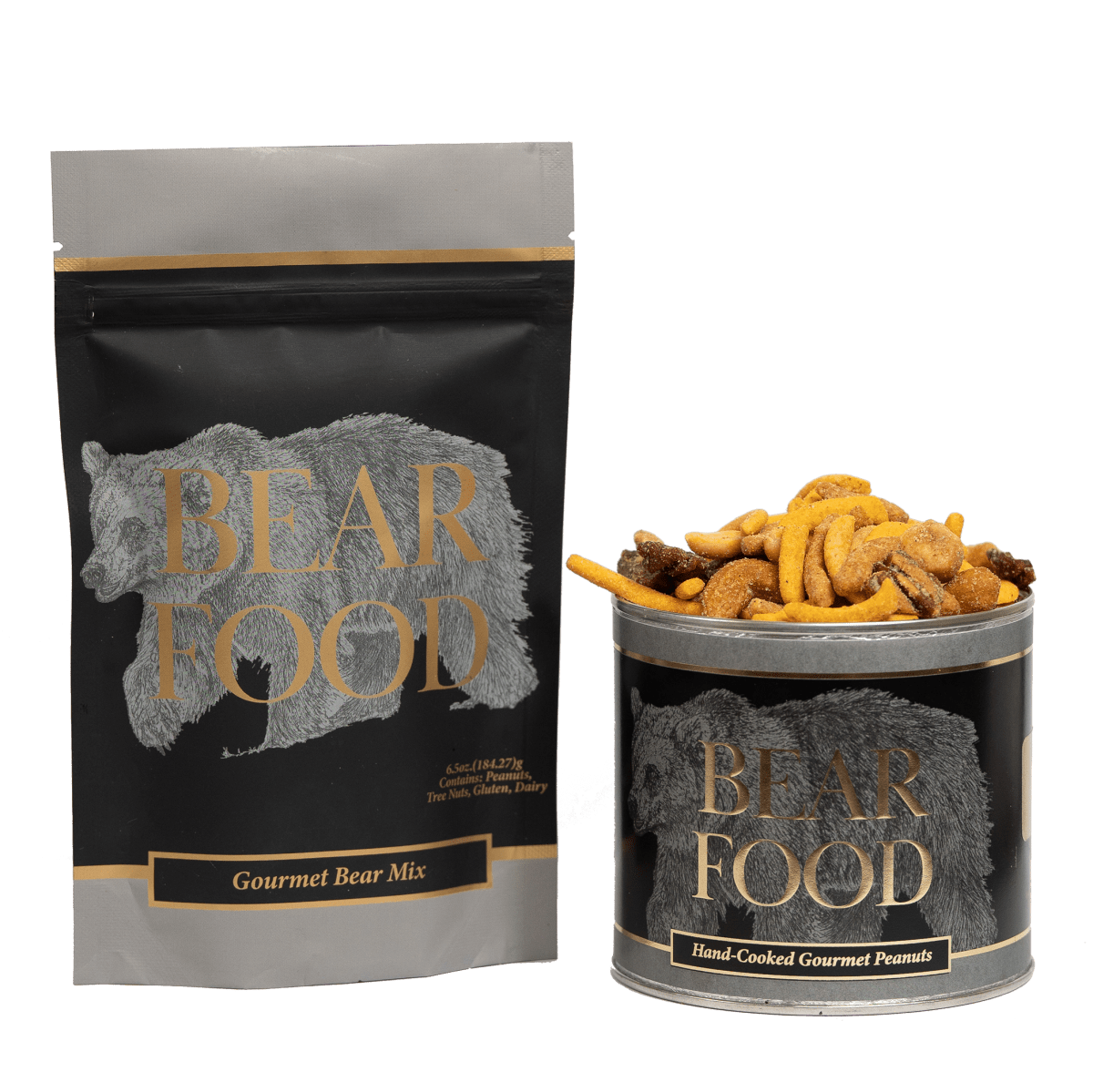 Bear Food Gourmet Bear Mix poured out, showing the mix of nuts, cheddar sticks, and toffee peanuts