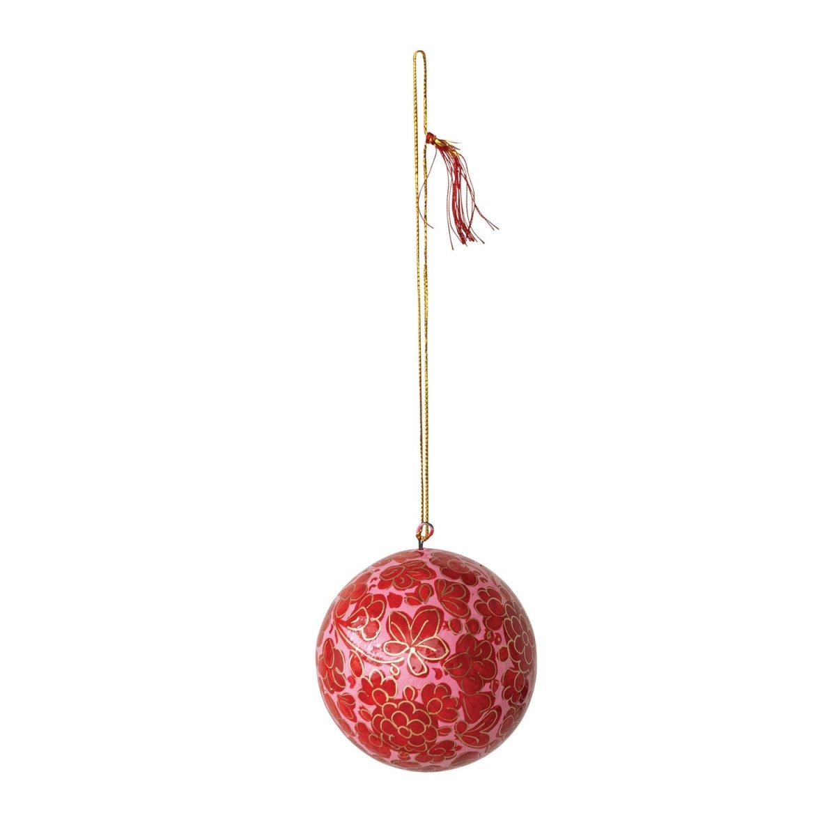 Hand-painted paper mache ball ornament with a flower design and tassel in red, pink and gold