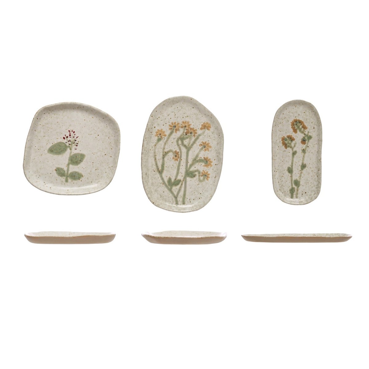 A hand-painted stoneware plate with a reactive glaze finish, one of three styles