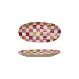 Hand-painted stoneware platter with a check pattern
