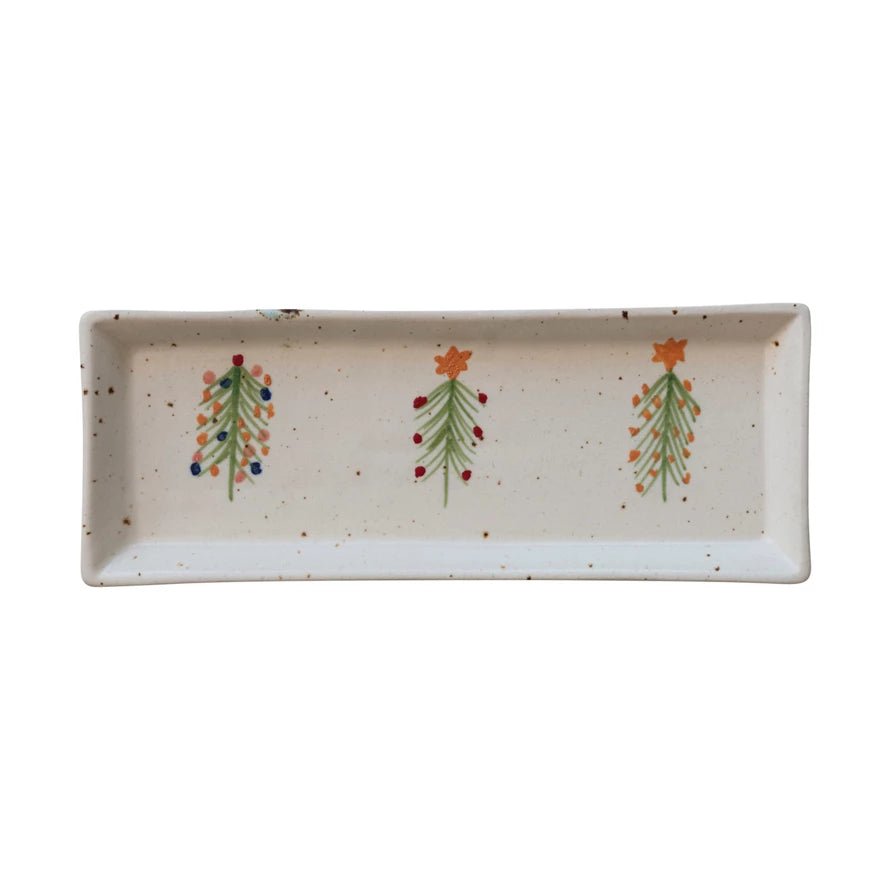 Hand - Painted Stoneware Platter with Christmas Trees - Pages & Parcels