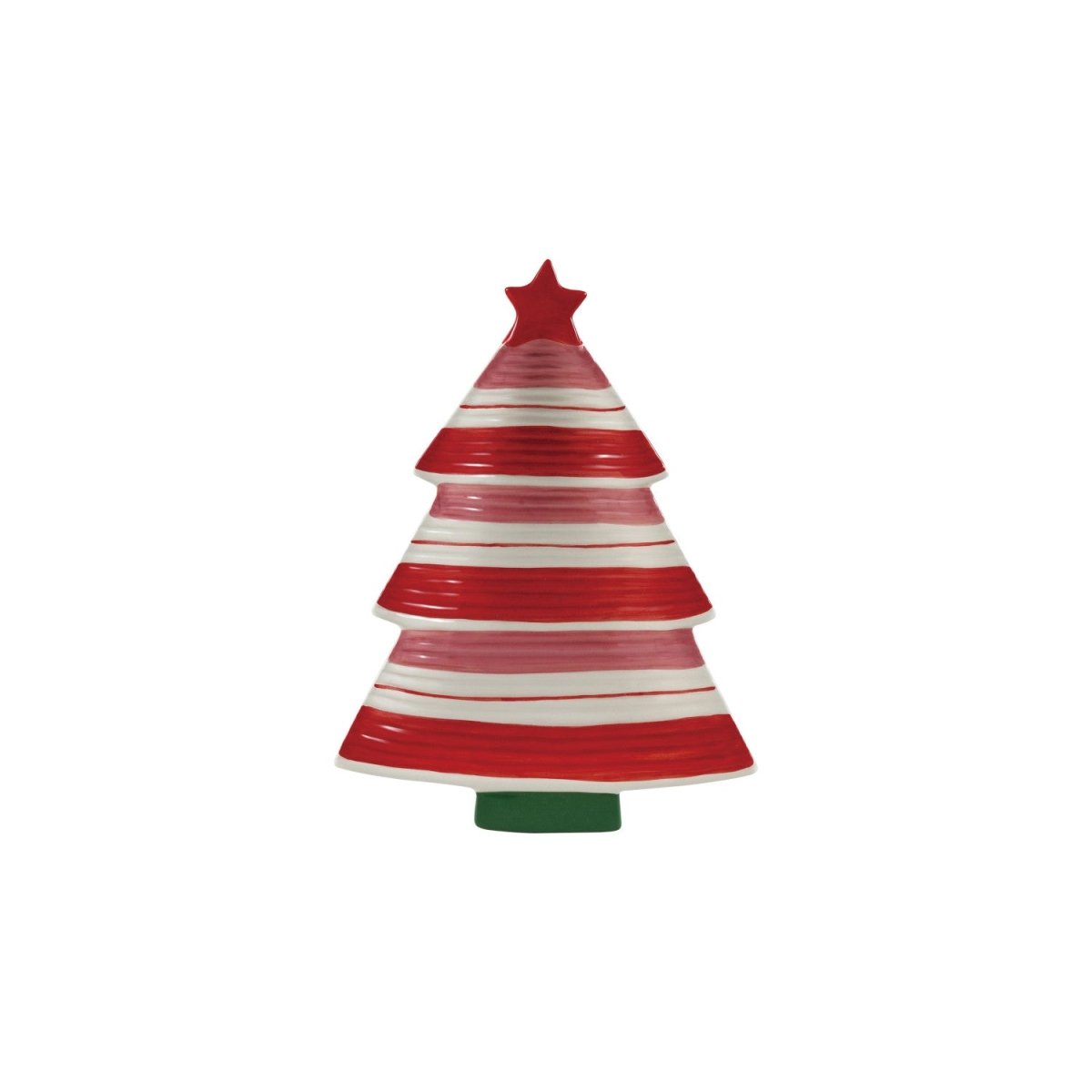 A hand-painted stoneware platter shaped like a striped tree topped with a star