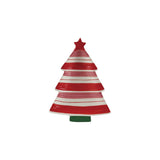 A hand-painted stoneware platter shaped like a striped tree topped with a star