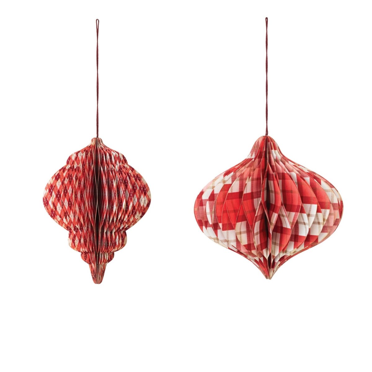 A handmade folding honeycomb finial ornament made of printed recycled paper, one of two styles