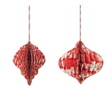 A handmade folding honeycomb finial ornament made of printed recycled paper, one of two styles