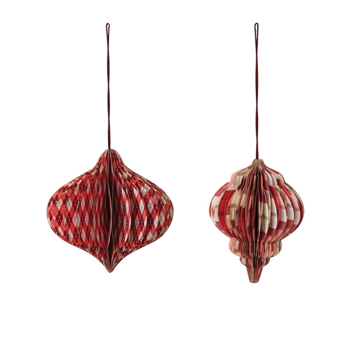 A red handmade folding honeycomb finial ornament made of printed recycled paper, one of two styles