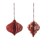 A red handmade folding honeycomb finial ornament made of printed recycled paper, one of two styles