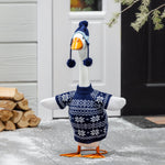Porch goose in a blue sweater outfit