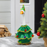Porch goose in a Christmas tree outfit