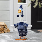Porch goose in a blue sweater outfit