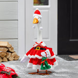 Porch goose in a Mrs. Claus outfit