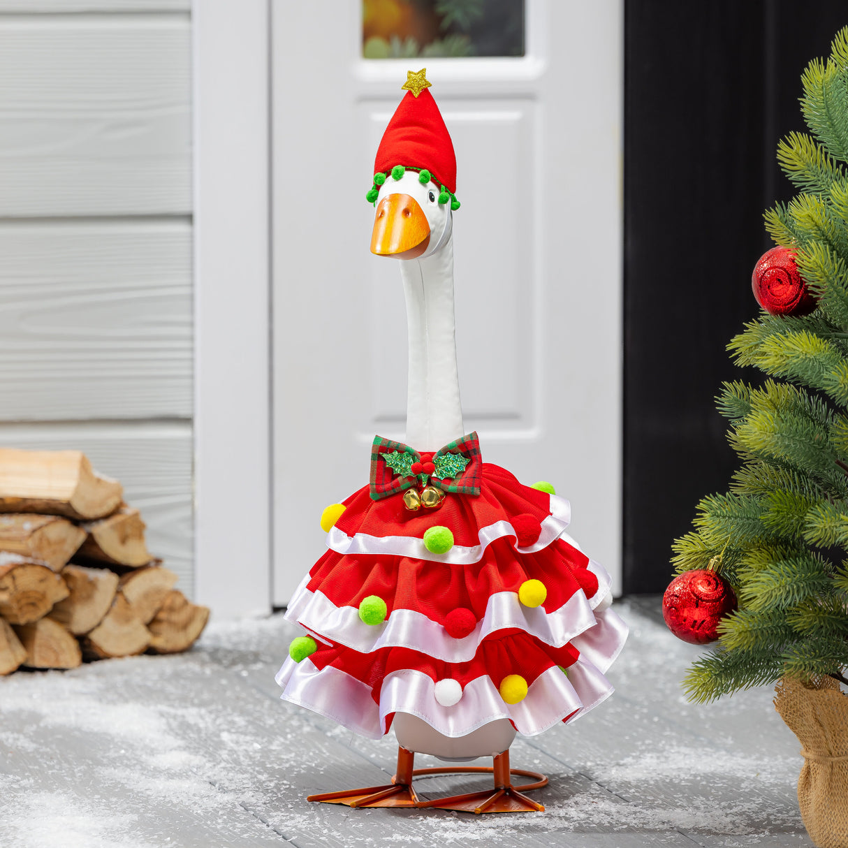 Porch goose in a Christmas dress outfit