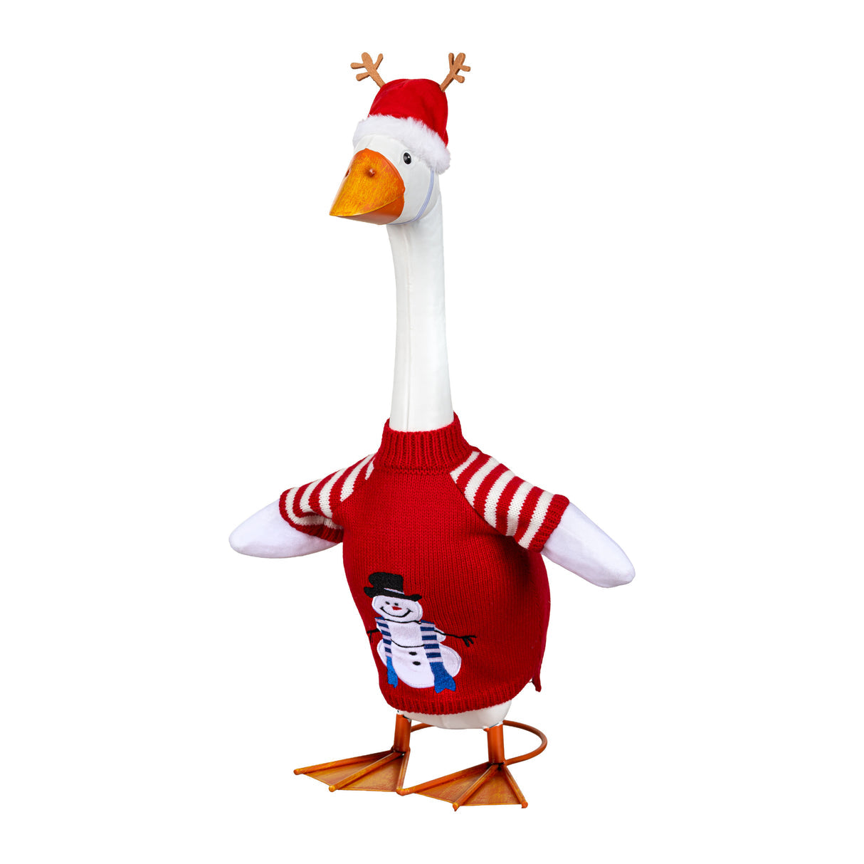 Porch goose in a red sweater outfit