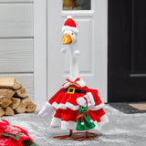 Porch goose in a Mrs. Claus outfit