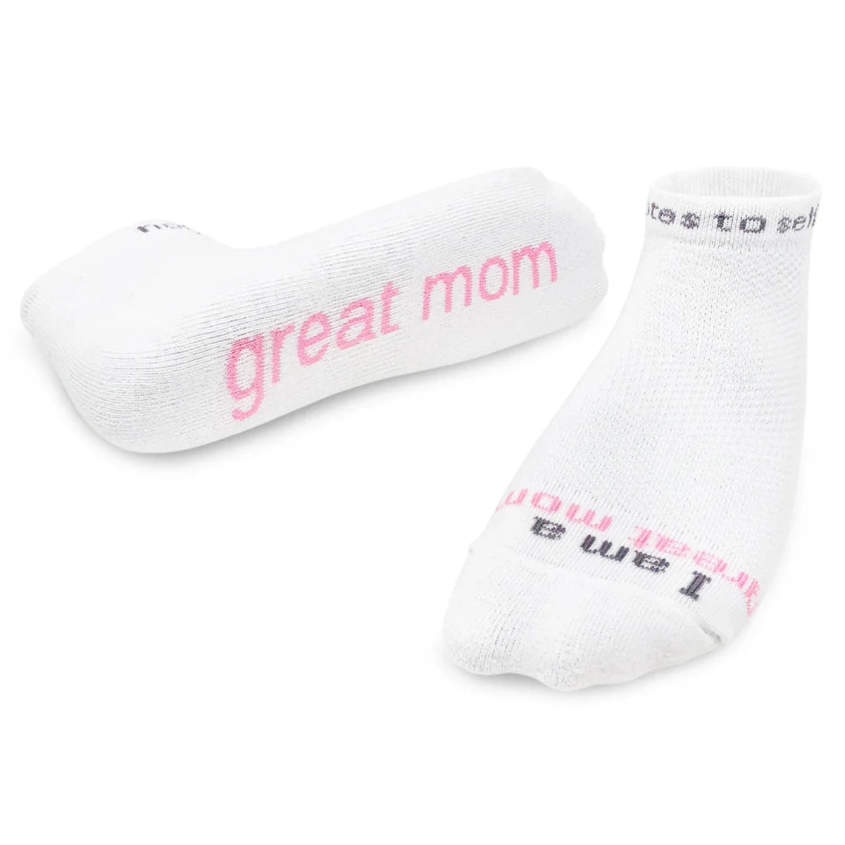 White socks with pink text on a white background