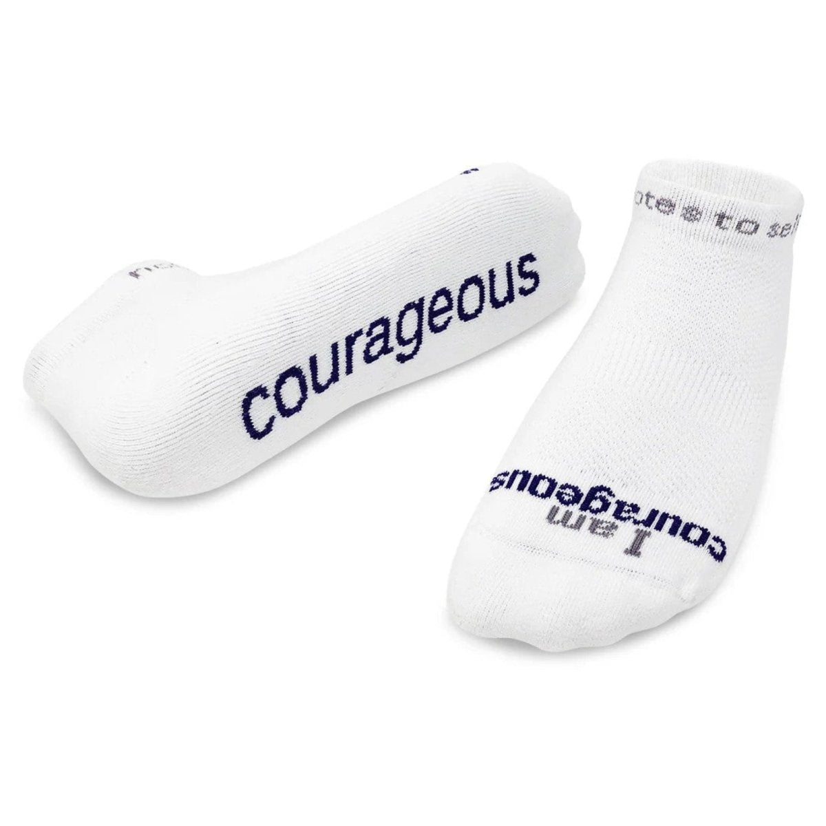 Two white socks with 'Courageous' text on a white background