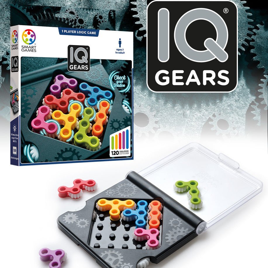 IQ Gears puzzle game with colorful gears and packaging on a mechanical background