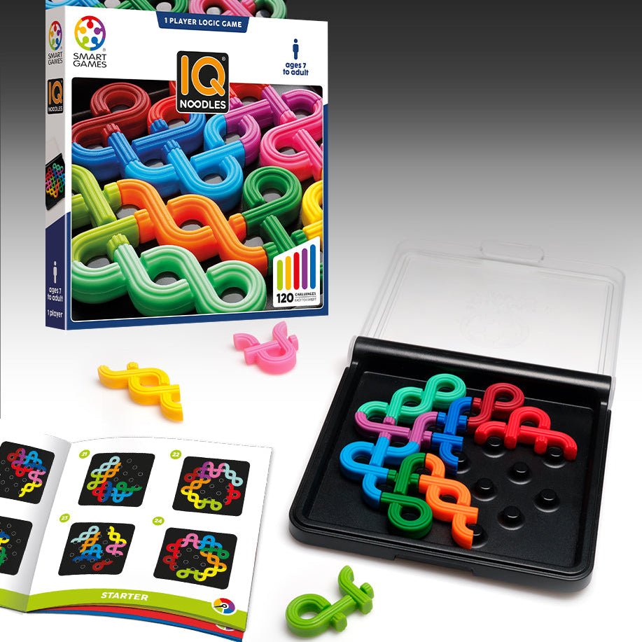 IQ Noodles logic game set with colorful links and packaging on a gray background