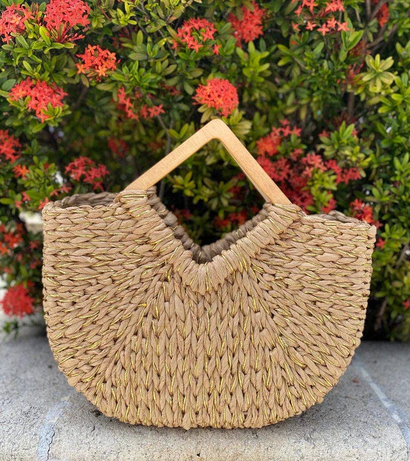 Isabella Wooden Handle Straw Tote Bag: Nude - Pages & Parcels