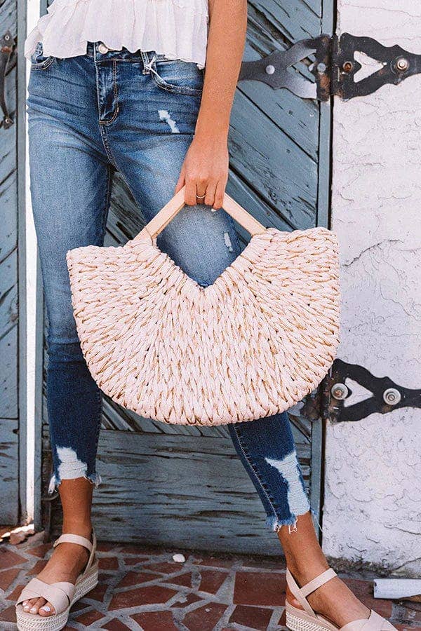 Isabella Wooden Handle Straw Tote Bag: Nude - Pages & Parcels