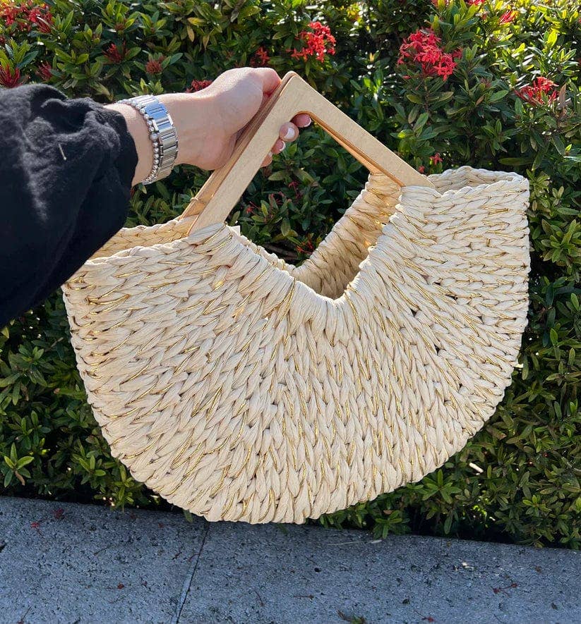 Isabella Wooden Handle Straw Tote Bag: Nude - Pages & Parcels