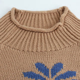 Khaki Floral Knit Sweater Women Ribbed Pattern N5A880 - Pages & Parcels