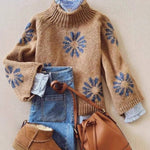Khaki Floral Knit Sweater Women Ribbed Pattern N5A880 - Pages & Parcels